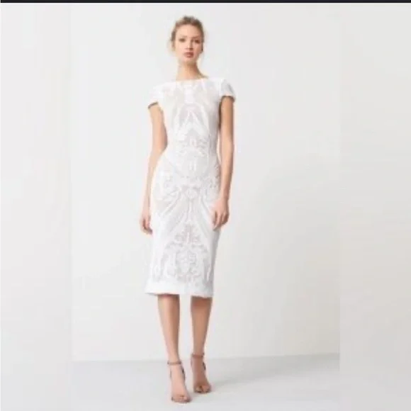 Dress the Population Elegant White and Cream Embroidered Fitted Sheath Dress - Picture 5 of 13